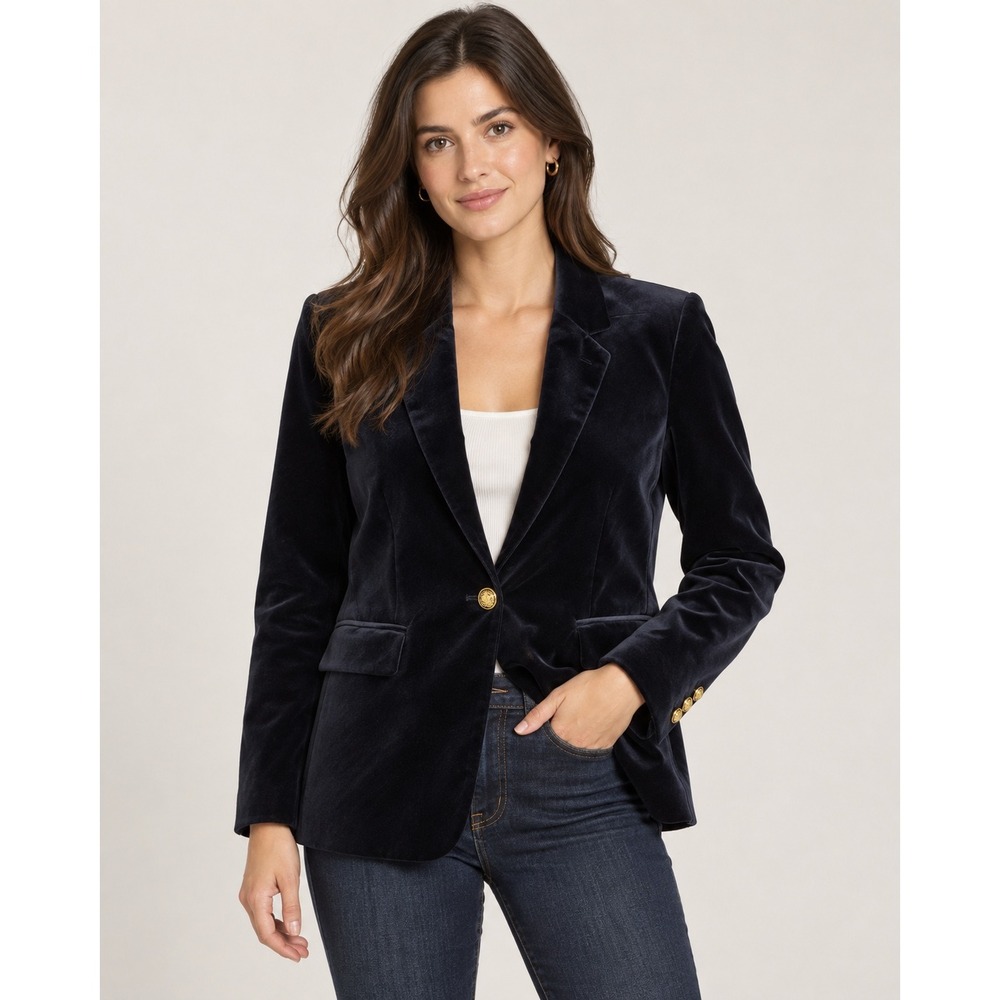 Adrienne Vittadini Velvet Blazer XS Navy Blue Gold Crest Button Dark Academia